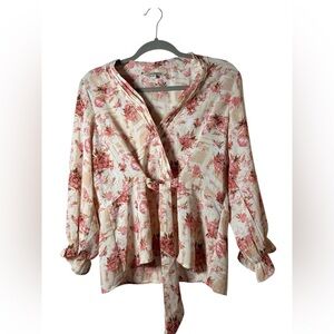 Latin Quarters Floral Tie Front Blouse Pink Beige Size XL